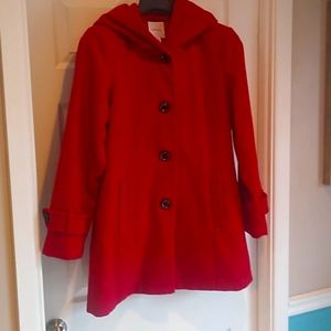 Red hooded with black buttons wool jacket